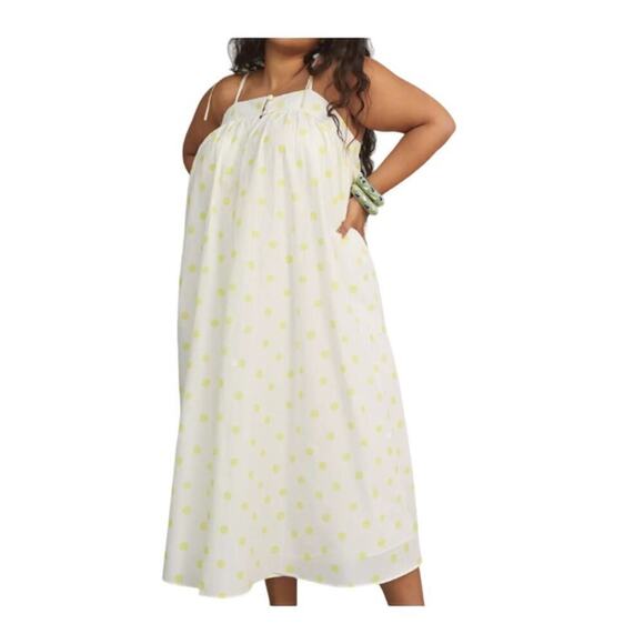 Anthropologie WHIT TWO Yellow Polka Dot Maxi Preppy Dress With Pockets Women L - Picture 1 of 13